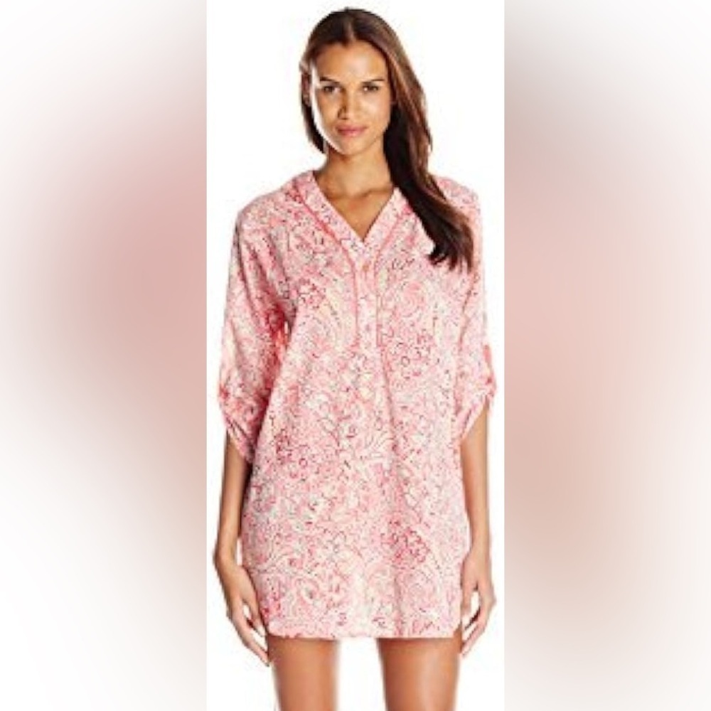 Karen Neuberger | 3/4 Length Sleeve Henley Coverup, Coral Paisley